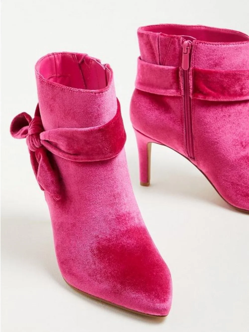 Hot Pink Velvet Bow Ankle Boots Pointed Toe Kitten Heel Booties Size 11WW